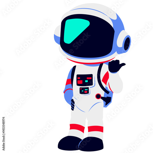 A cartoon astronaut in a white suit with red and blue accents, standing with one hand on the hip and the other making a "hang loose" sign, symbolizing confidence and ease.