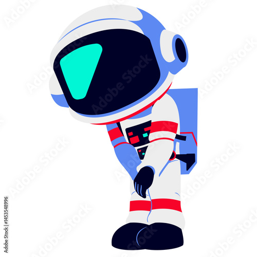 A cartoon astronaut in a white suit with red stripes, bending forward with both hands extended downward. The dark visor and blue backpack add a futuristic touch to the design.