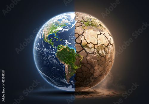 Half earth globe is lush and green while other half is dry and barren, symbolizing climate change.