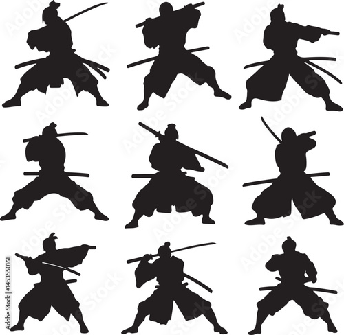 Samurai Warriors Silhouettes: Vector Illustration of Japanese Swordsmen in Action Poses, Martial Arts, Traditional Warriors, Black and White Clipart