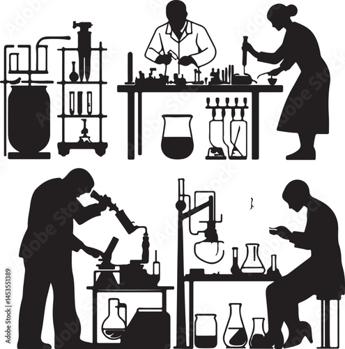 Black and White Silhouette of Scientists Working in a Laboratory: Research, Experimentation, Chemistry, Biology, and Scientific Discovery