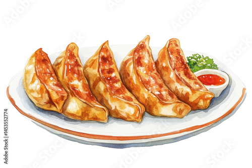 Watercolor style fried gyoza on plate adds artistic flavor to food packaging or restaurant branding