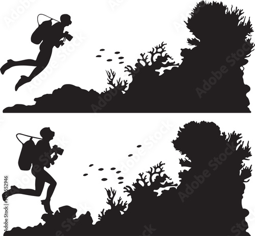 Silhouette Scuba Diver Exploring Coral Reef: Black and White Vector Illustration of Underwater Adventure and Marine Life Photography