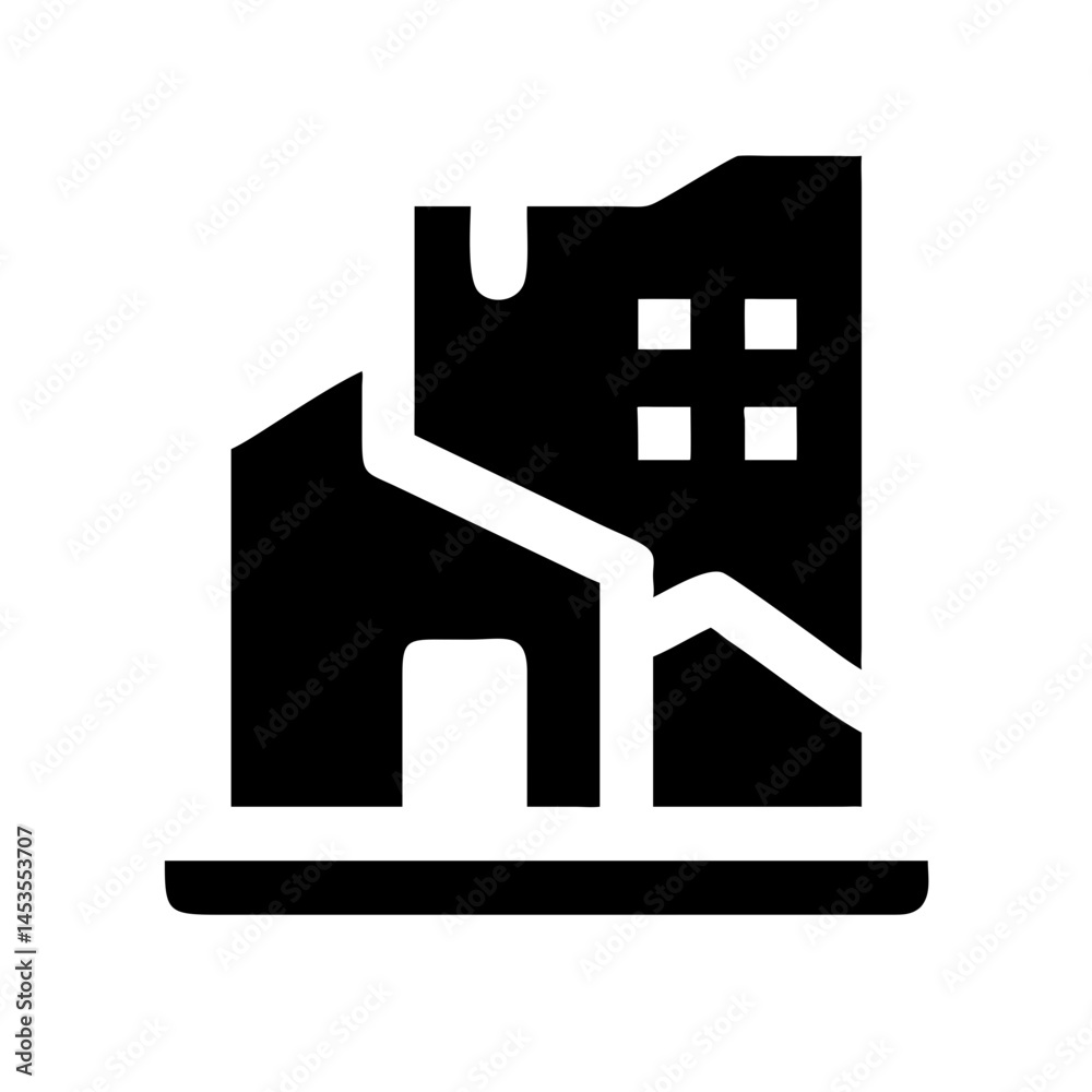 Icon of a damaged building to signify destruction or disrepair Icon of a damaged building to signify destruction or disrepair