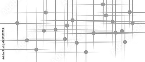Abstract minimalist geometric pattern with thin grey lines and small grey circular nodes. Digital grid network design on a clean white background. Ideal for digital UI, infographics, or tech