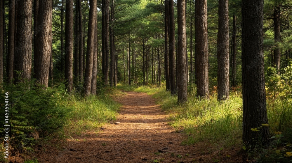 Fototapeta premium Path Through Majestic Pine Woodland: Towering Evergreens and the Scent of Pine Needles in a Serene Backdrop