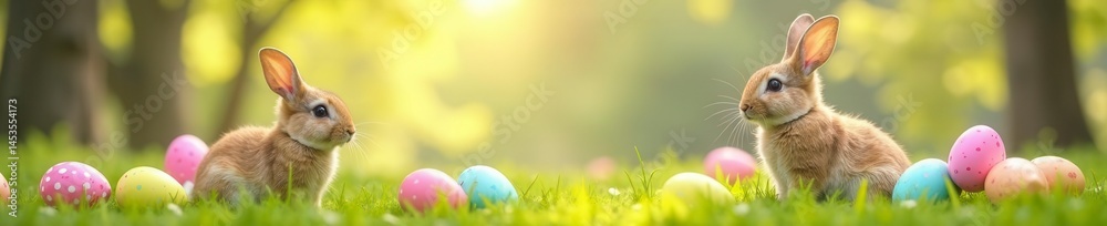 Fototapeta premium Playful bunnies surrounded by vibrant Easter eggs in a cheerful spring setting , easter bunny, painted, springtime