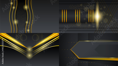 Set Abstract Collection Dark Black Gold Material Modern Background With Golden Lines Stripes Shadows Backdrop Wallpaper Decoration Vector Design Style
