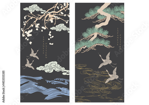 Bonsai tree with cran birds elements. Geometric pattern in vintage style. Japanese background with Asian traditional icon vector.