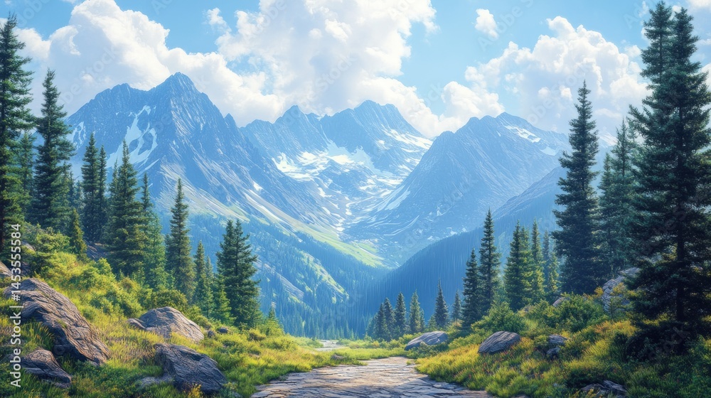 Fototapeta premium Scenic mountain valley path. Lush greenery, rocky terrain, towering peaks