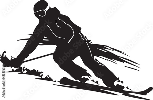 Silhouette of a Skier in Action: Downhill Skiing Vector Illustration for Winter Sports, Recreation, and Outdoor Activities Design