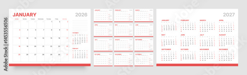Monthly calendar layout for 2026 year. Diary planner for 2026 year. Week Starts on Sunday. 