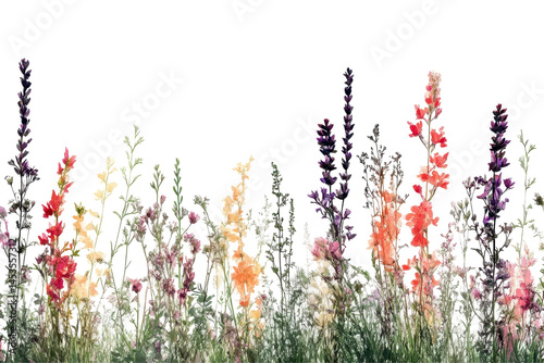 Beautiful grass border with vibrant flowers and nature plants isolated on a clean white background