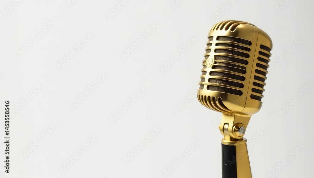 Fototapeta premium Close-up shot of a single gold microphone on white background , audio, retro