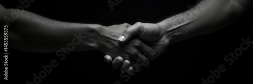 Close-up hands shaking, black & white skin tones, dark background , collaboration, respect, sisterhood