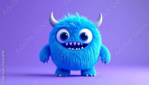Funny cartoon blue monster with horns on purple background