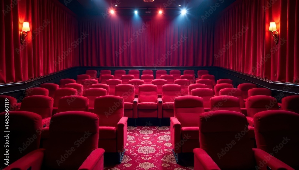 Fototapeta premium Red velvet seats fill a laughter-filled comedy club , stand-up, happy, interior