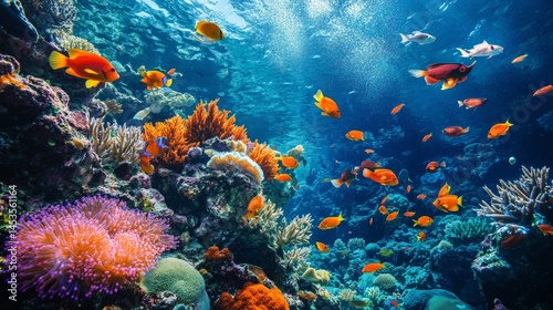 resplendent and teeming society of aquatic creatures thriving harmoniously in a vibrant coral reef, colorful fish, and corals