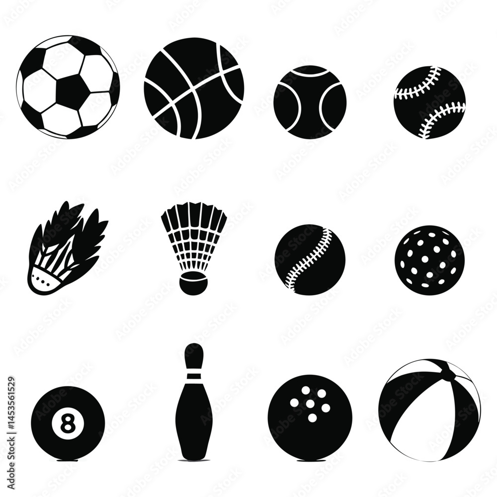 Obraz premium Black vector sports icons set featuring equipment from popular indoor and outdoor games