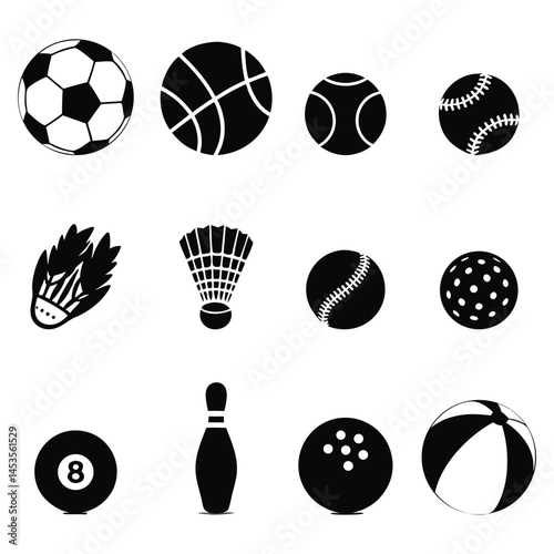Black vector sports icons set featuring equipment from popular indoor and outdoor games
