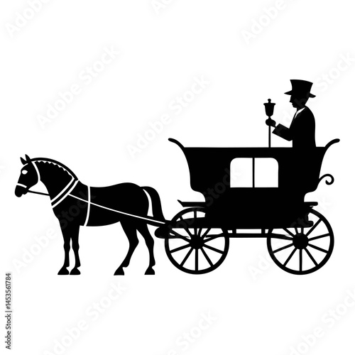 Horse-drawn carriage with the coachman vector on white background.
