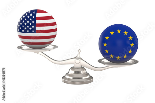 Two balls with flag america, eu and scale on white background. Isolated 3D il...