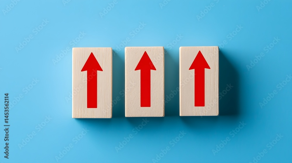 Fototapeta premium Three Wooden Blocks with Red Up Arrows Growth Progress Success Concept