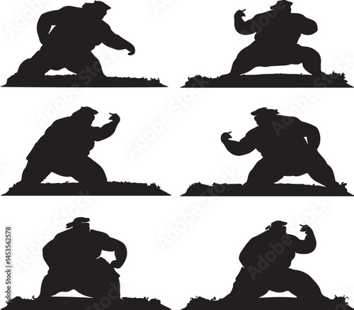 Sumo Wrestler Silhouette Vector Illustration: Set of Six Black and White Sumo Wrestlers in Fighting Stance, Traditional Japanese Sport Graphics