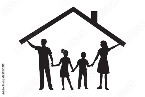 Black family icon representing security love and care inside a house shaped protective roof