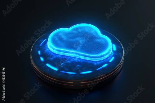 Glowing Blue Cloud Icon on Dark Platform Digital Technology Concept