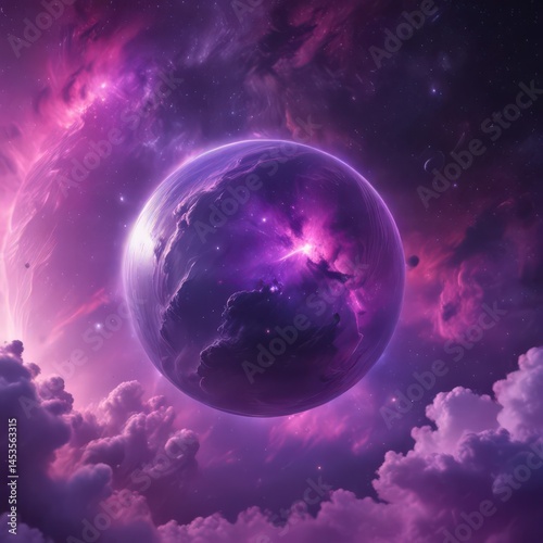 Ethereal orb amidst vibrant purple nebula clouds Deep space, cosmic scene , sky, universe