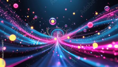 Abstract Illustration of glowing light trails and particles, evokes technological and futuristic concepts. The dynamic composition represents digital information flow