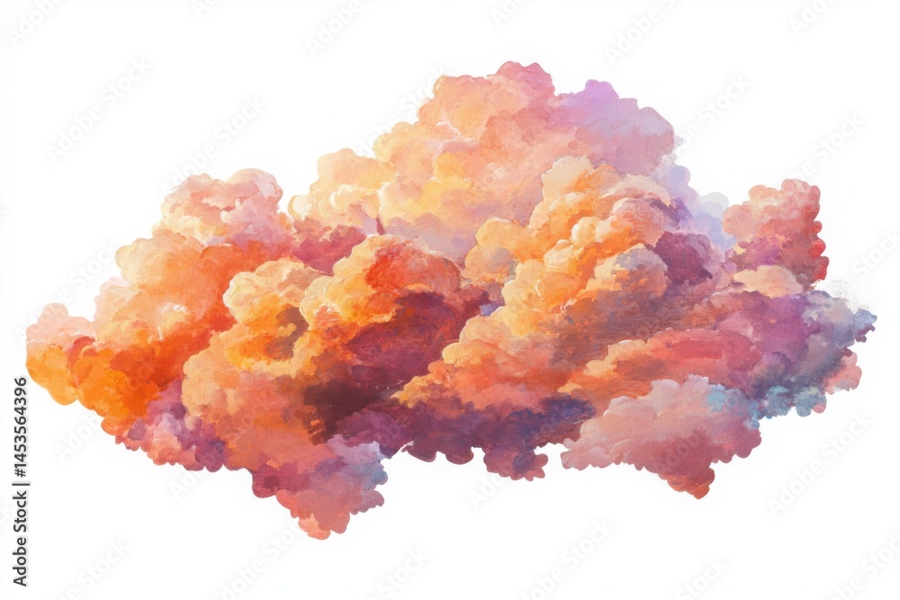 Fototapeta premium Fluffy clouds painted in warm sunset hues, isolated white background