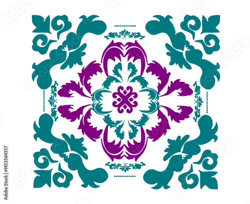 A striking ornamental vector design featuring intricate floral and symmetrical elements in teal and purple. The balanced composition exudes elegance and artistic charm, making it ideal for decorative 