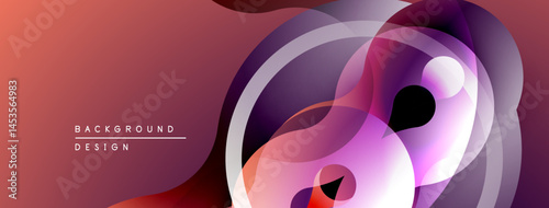 Abstract design features overlapping translucent circles. Colors blend from purple, pink, red creating dynamic visual effect. Modern background.