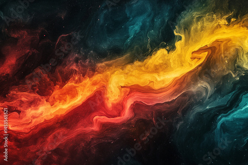 Abstract cosmic swirls fiery orange yellow teal colors nebula space art