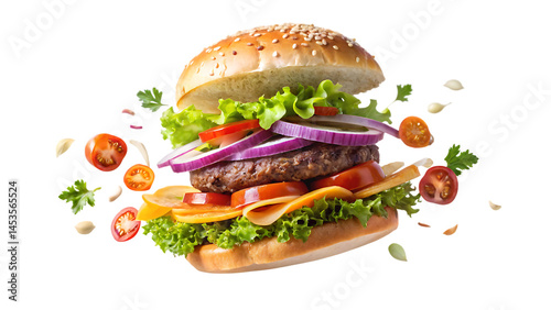 Juicy hamburger. Ingredients fly in the air, isolated on white background