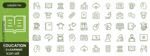 E-learning icon set. Online Education related line icons: e-book, training, distance learning, online learning, webinar, knowledge, study, school and more. Editable stroke. Vector illustration.