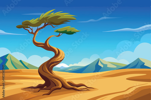 A lone, twisted tree stands tall in a desert landscape.