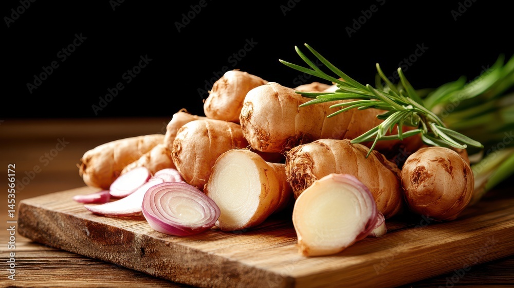 Freshly Sliced Onions on Wooden Cutting Board Surrounded by Whole Onions Freshly Sliced Onions on Wooden Cutting Board Surrounded by Whole Onions