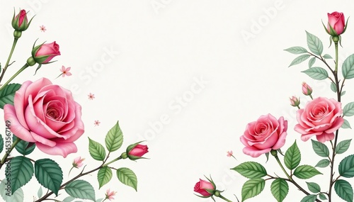 Delicate watercolor rose buds, leafy vines, pastel hues, fabric, spring, bloom