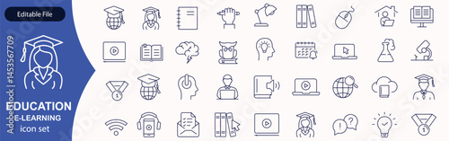 E-learning icon set. Online Education related line icons: e-book, training, distance learning, online learning, webinar, knowledge, study, school and more. Editable stroke. Vector illustration.