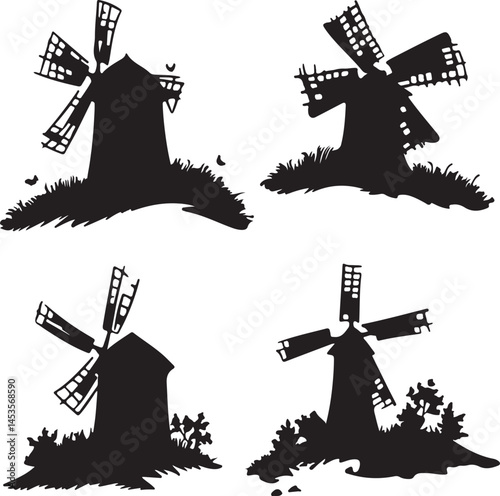Silhouette Windmill Vector Art: Black and White Illustration of Traditional Dutch Windmills on Grassy Hills, Vintage Farm Landscape Design