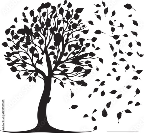 Silhouette of a Tree in Autumn with Leaves Blowing in the Wind - Nature Illustration, Vector Graphic, Fall Season, Black and White Art