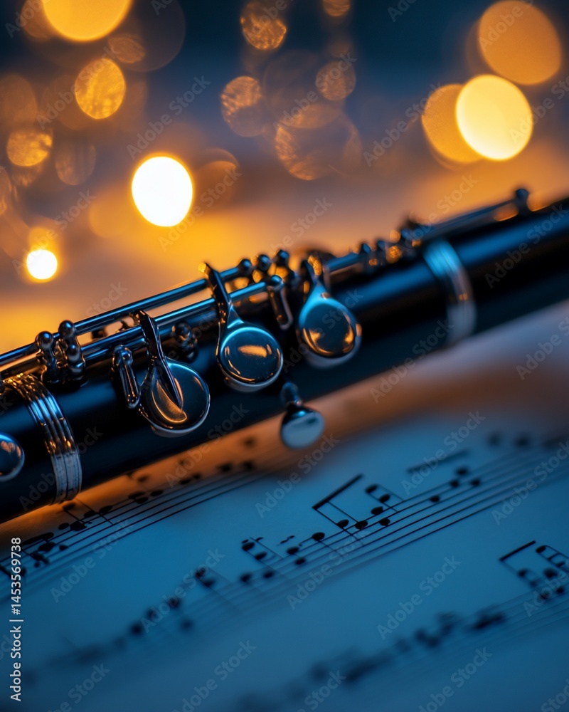 Obraz premium Elegant flute composition on sheet music with a warm bokeh lights backdrop