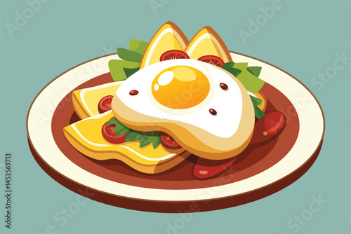 Delicious fried egg breakfast plate with colorful toppings.