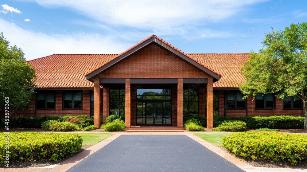 Naklejka premium Modern Brick Building with Red Roof Surrounded by Lush Green Landscaping Under Bright Blue Sky