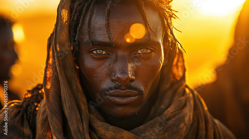 A striking portrait of a dark-skinned man with vibrant blue eyes, his face partially veiled by a dusty orange cloth, bathed in warm sunset light