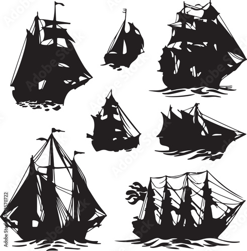 Silhouette Art of Sailing Ships: Vintage Nautical Vessels, Pirate Ships, and Tall Ships Illustration for Maritime Themes & Decor