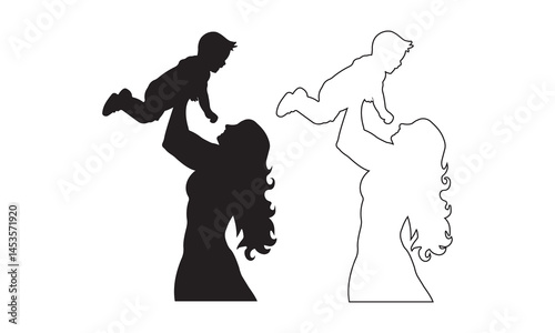 Silhouette and Outline of Mother Lifting Baby in Air – Family Love Concept
